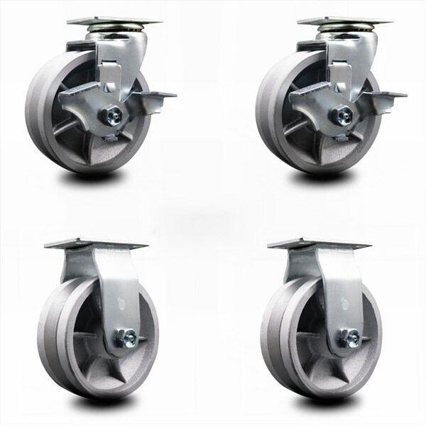 5 Inch V-Groove Semi Steel Caster Set with Roller Bearings 2 Brakes 2 Rigid SCC